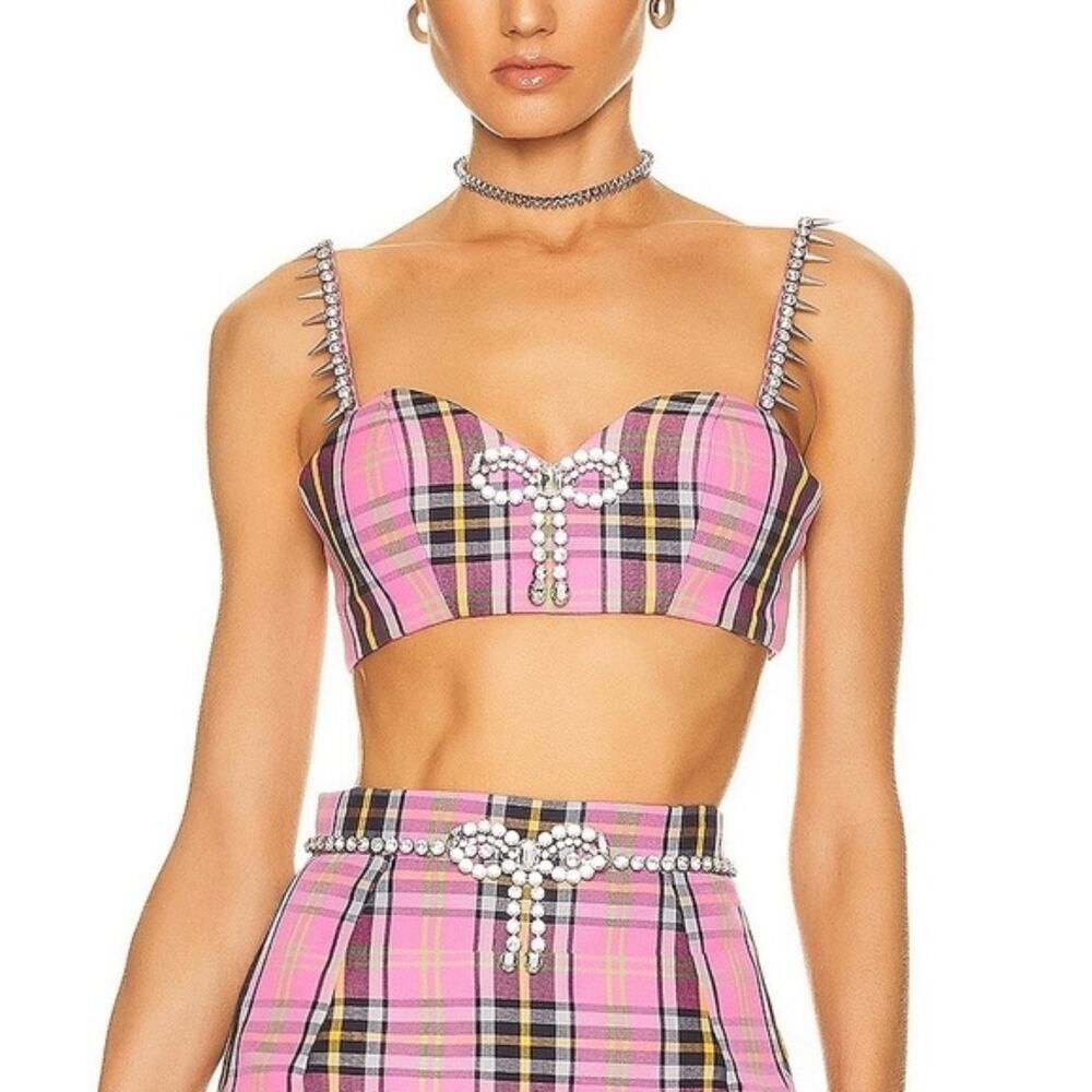 AREA FW22 Crystal Spiked Plaid Corset Bra Top Pink Wool Blend Size 2
